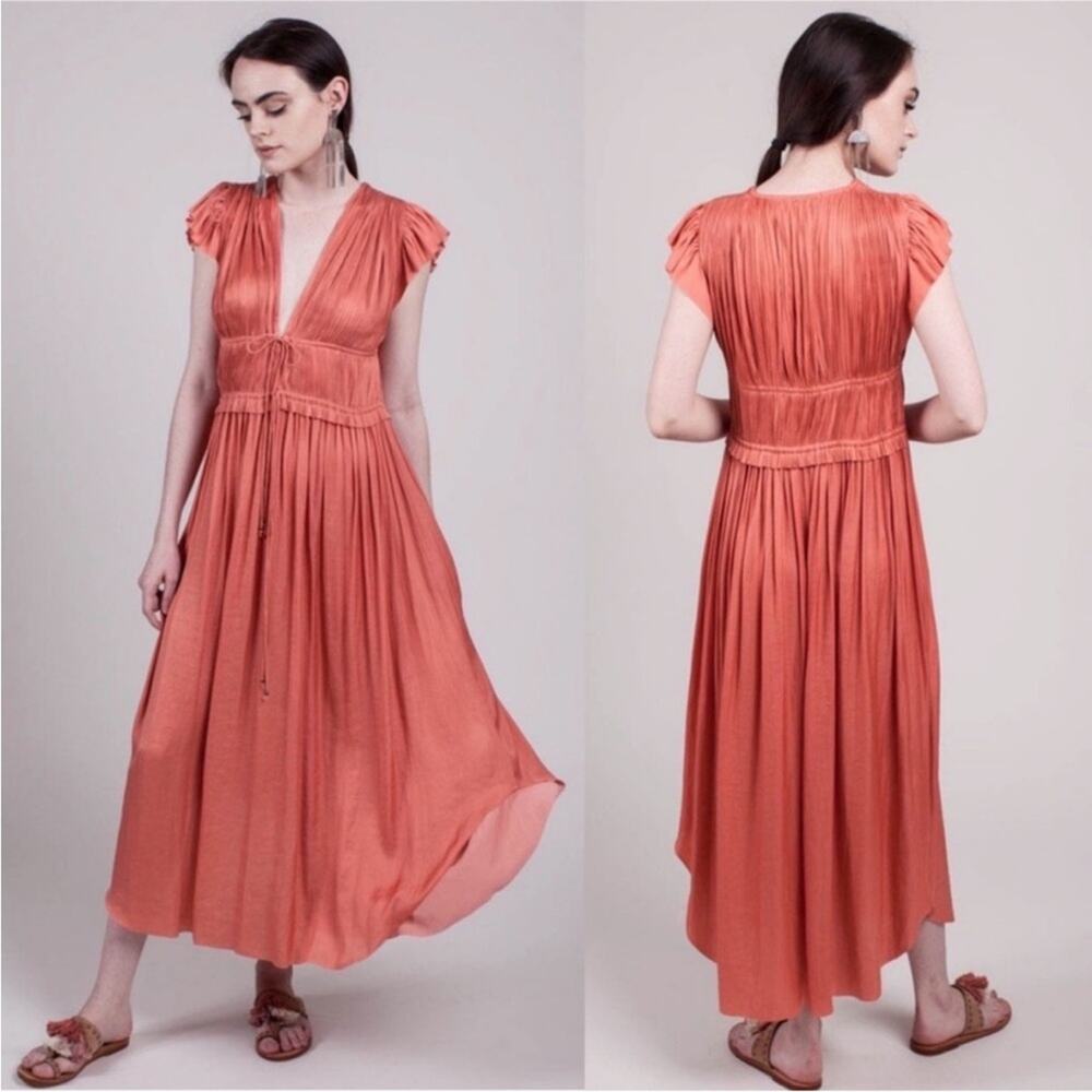 NWT Ulla Johnson Kaiya Dahlia Coral Pink Satin Pleated Midi Dress 6